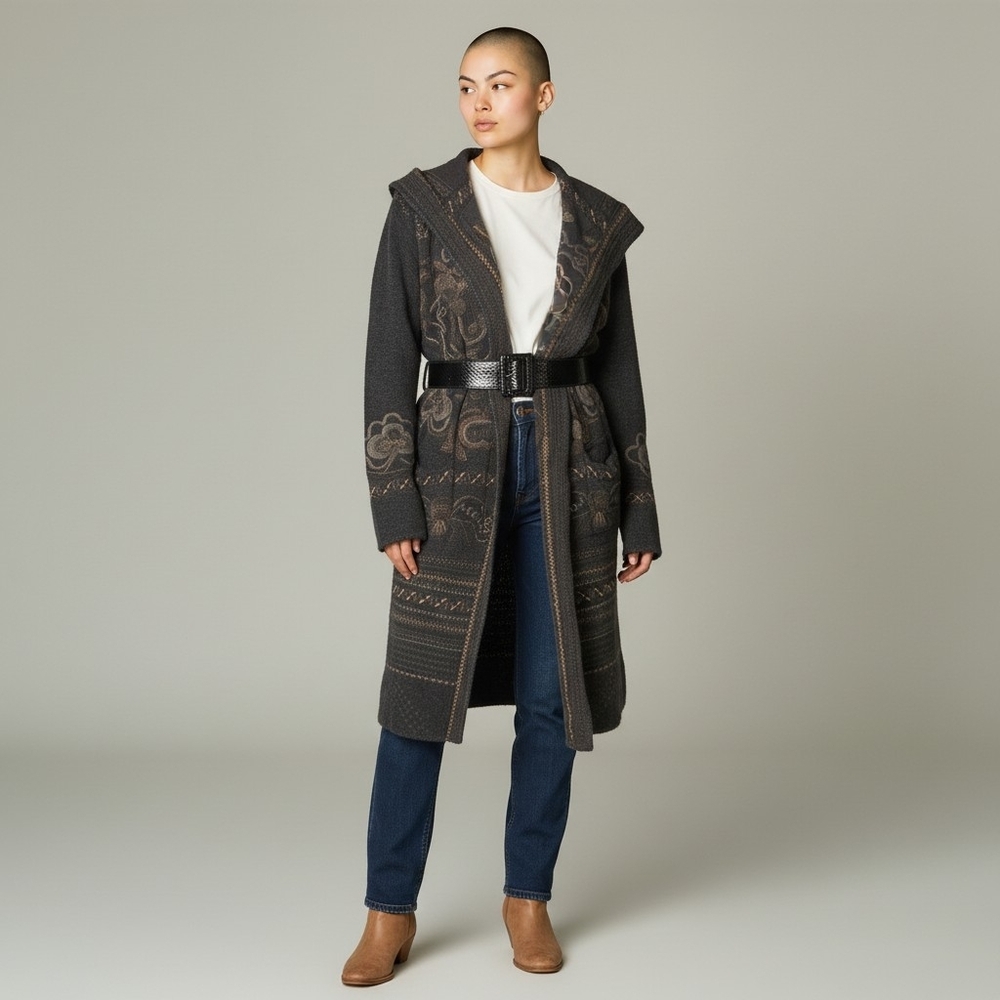 Johnny Was Biya Embroidered Hooded Long Cardigan Duster Womens Size Medium